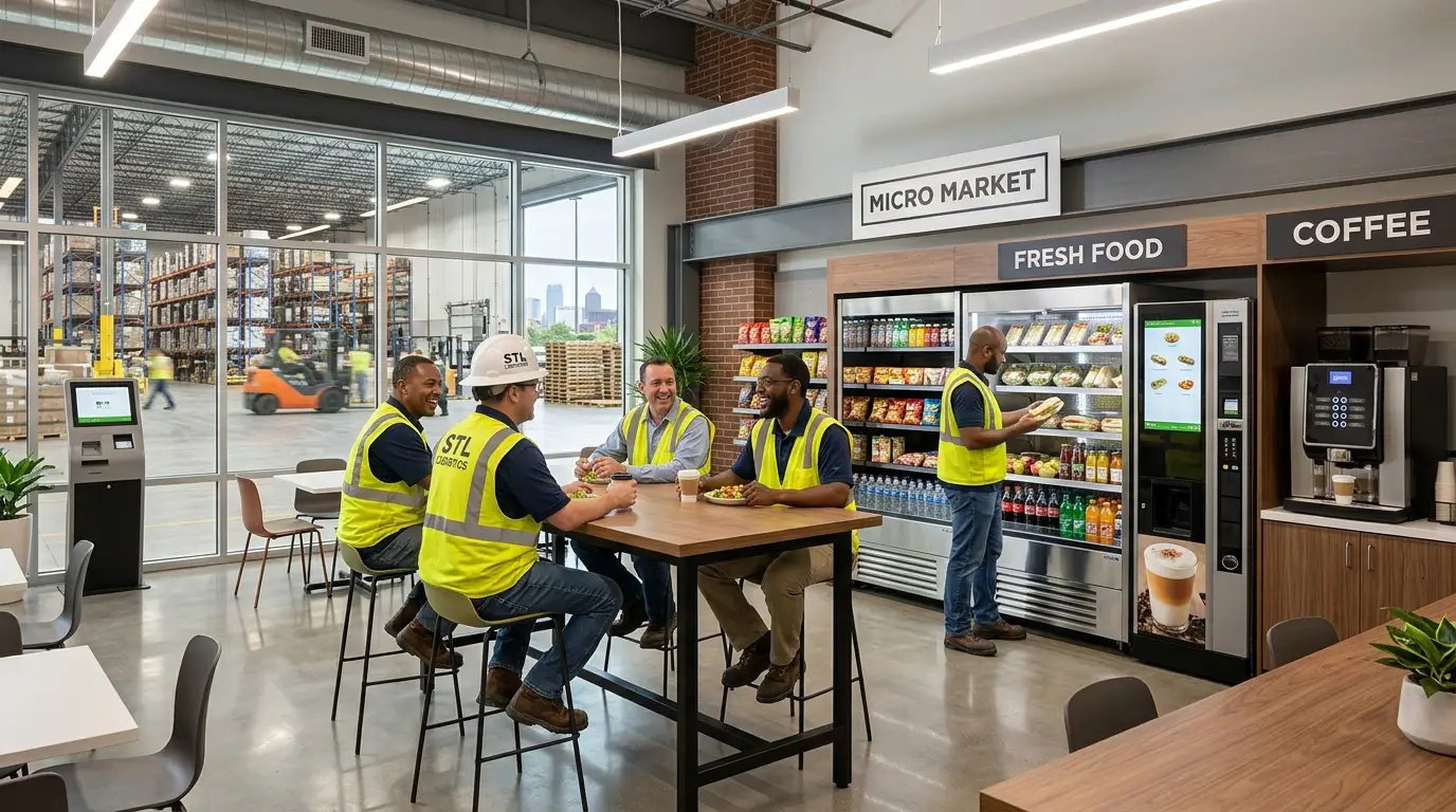 Here's an SEO-friendly, detailed feature image prompt that aligns with the blog's focus on modern warehouse break room upgrades in the St. Louis area. **Feature Image Prompt:** A bright, modern warehouse break room inside a large distribution center in the St. Louis metro area, designed with an industrial yet welcoming atmosphere. The space features a sleek self-service micro market with refrigerated fresh sandwiches, salads, wraps, healthy snacks, bottled beverages, energy drinks, and coffee. Nearby are modern cashless vending machines with digital touchscreens and a premium bean-to-cup coffee machine serving employees. Several warehouse workers wearing safety vests, reflective gear, steel-toe boots, and hard hats are taking a break, chatting, enjoying coffee, and selecting fresh food from the micro market. Large warehouse windows reveal shelves, forklifts, and shipping operations in the background, subtly connecting the break room to an active logistics facility. The environment is clean, spacious, well-lit with natural light and LED fixtures, conveying employee satisfaction, productivity, and workplace wellness. The image should feel authentic and professional rather than staged, with a corporate commercial photography style. Use a color palette featuring blues, grays, white, and subtle green accents to communicate freshness and trust. **Style:** Ultra-realistic commercial photography, high resolution, wide-angle composition, depth of field, natural lighting, clean modern workplace, premium workplace amenities, no visible logos, no text or watermarks.
