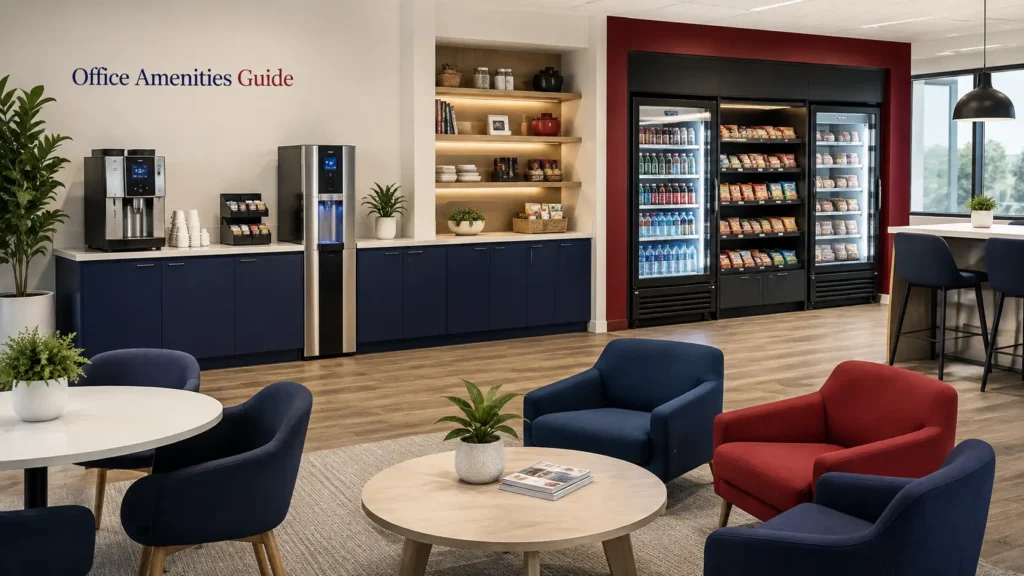 Modern office amenity space with coffee, water, snacks, and seating
