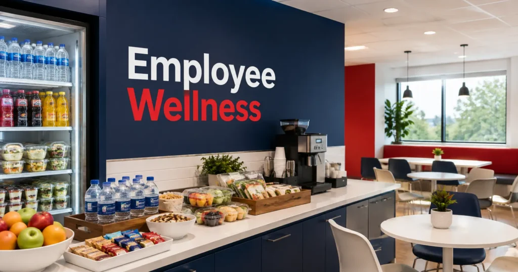 Employee wellness break room with healthy snacks, water, and coffee