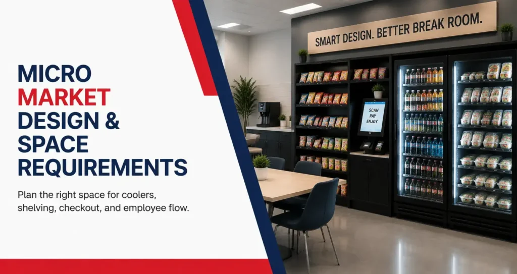 Micro market design with coolers and checkout area.