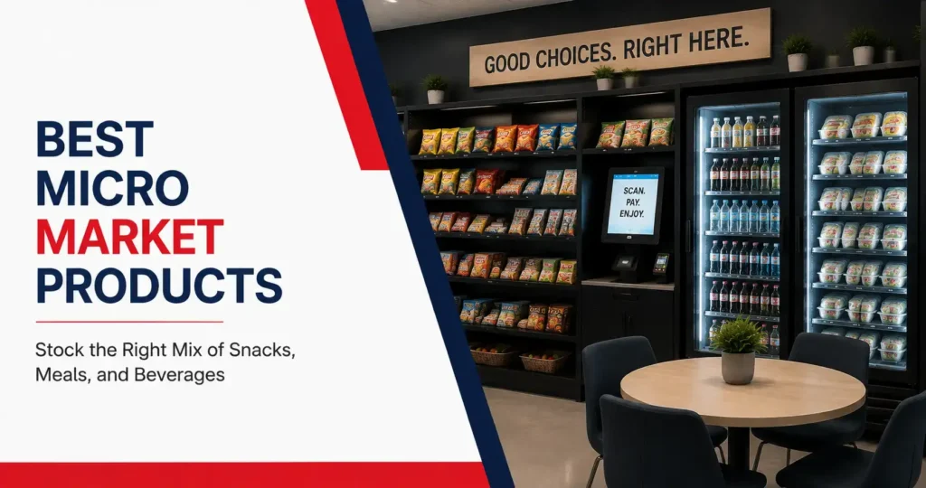 Micro market products with snacks, meals, and beverages.