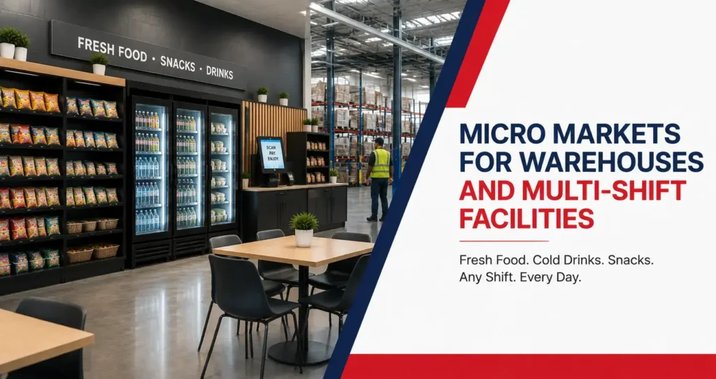 Warehouse micro market with fresh food and drinks.