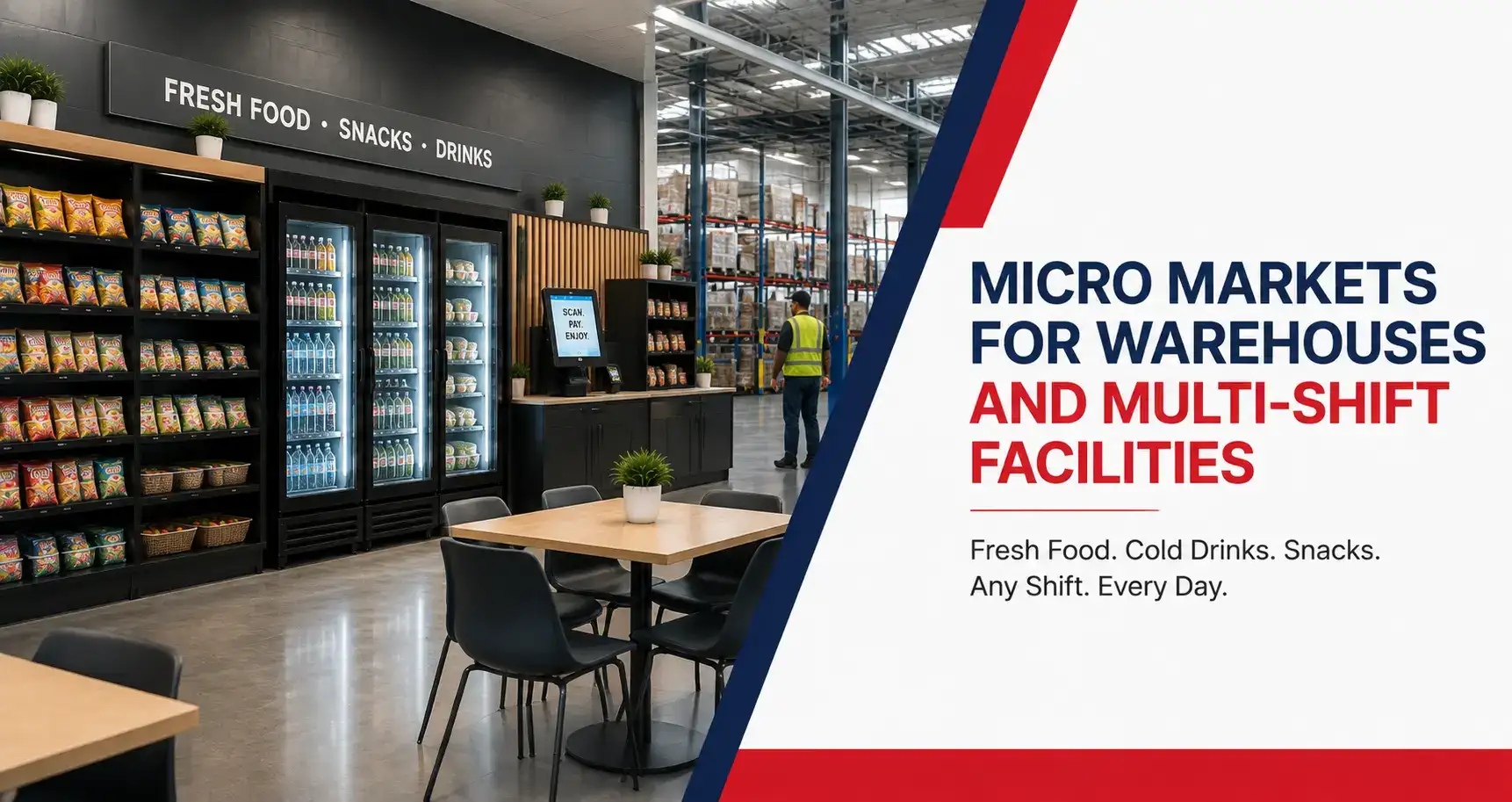Warehouse micro market with fresh food and drinks.