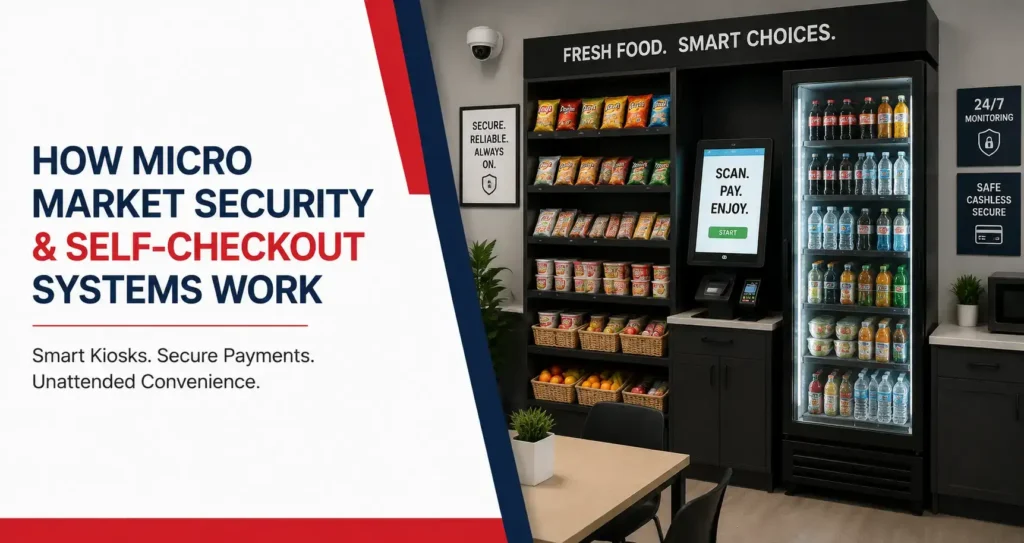 Micro market kiosk with self-checkout and security system.