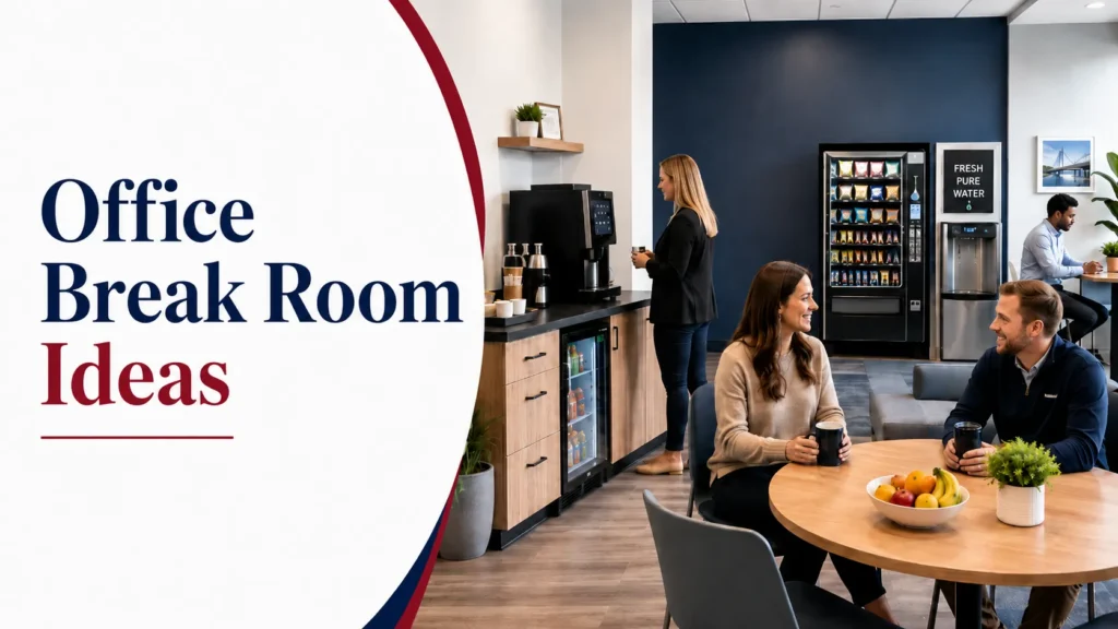 Modern office break room with vending, coffee, and seating