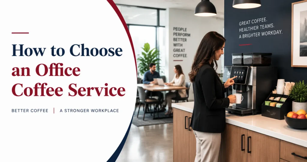 Office coffee service setup with commercial coffee machine in workplace break room