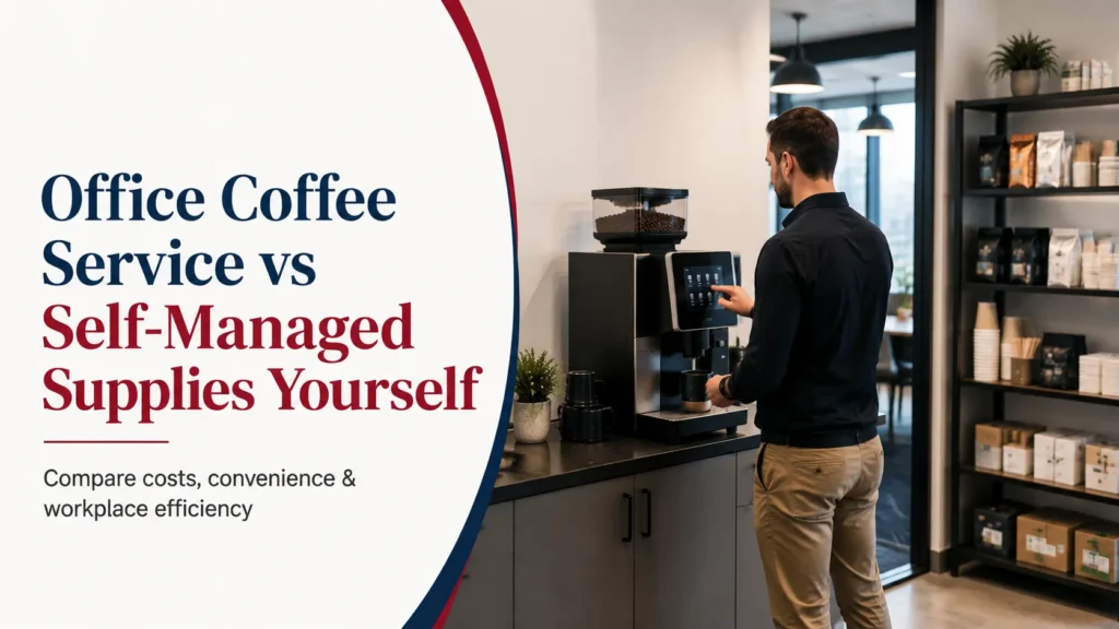 Office coffee service comparison with workplace coffee station and supply management setup.