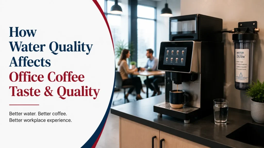 Office coffee machine with water filtration system for better coffee quality.