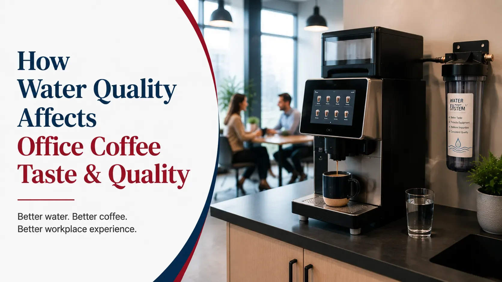 Office coffee machine with water filtration system for better coffee quality.