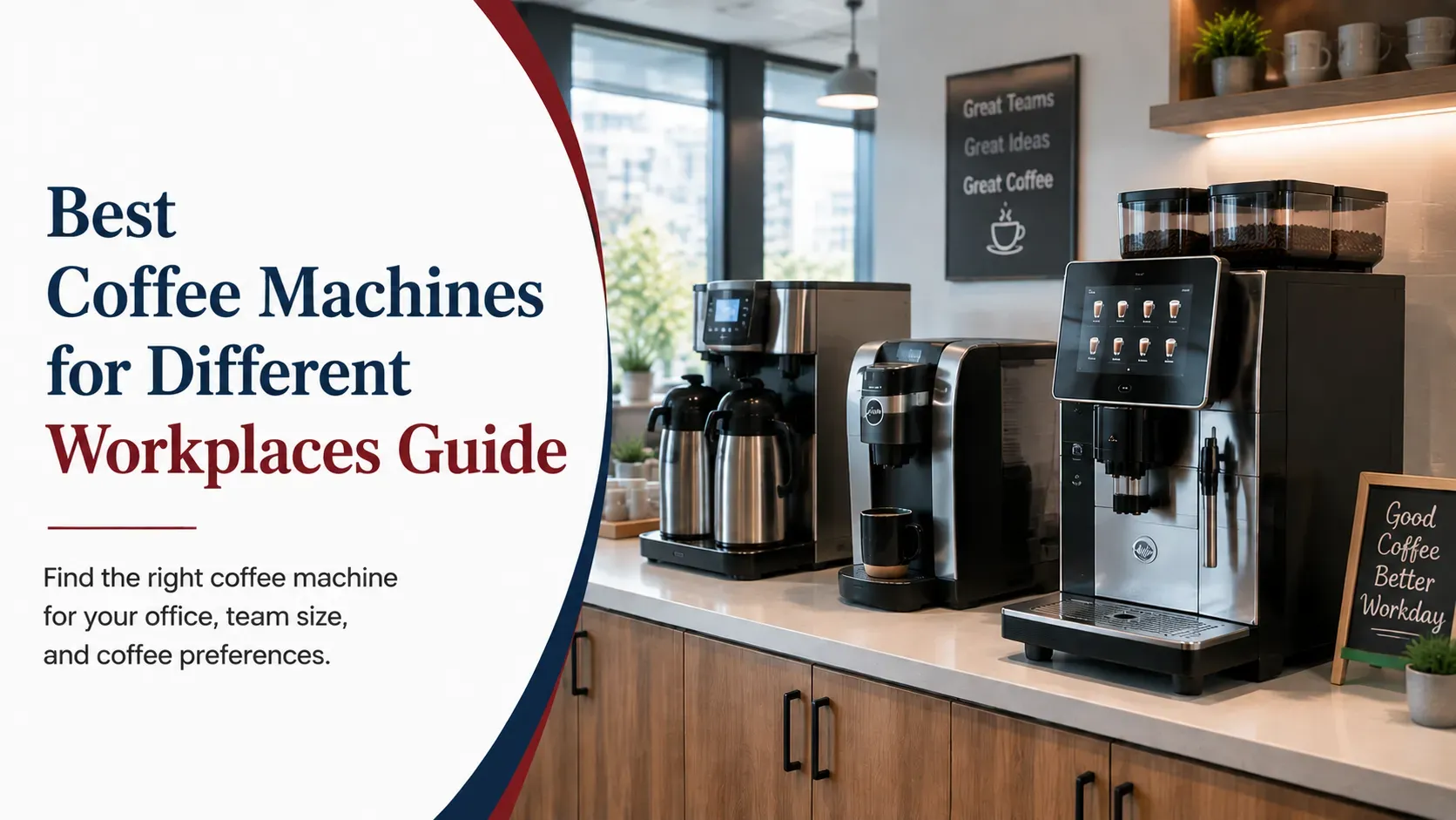Commercial coffee machines for different workplace environments.