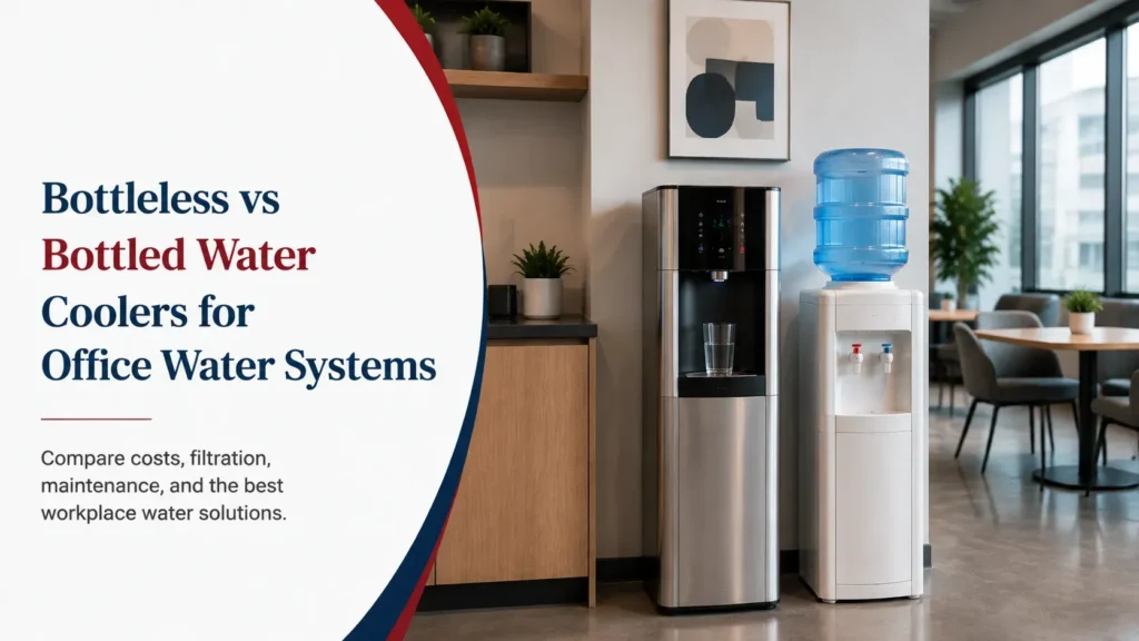 Bottleless and bottled water coolers for office water systems.