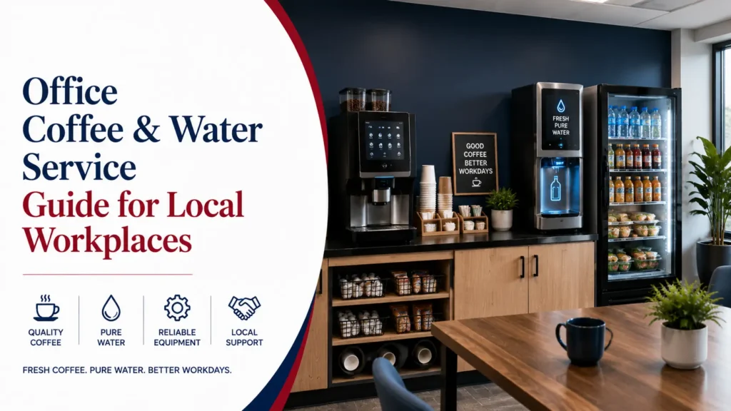 Office coffee and water service station with workplace refreshment equipment.
