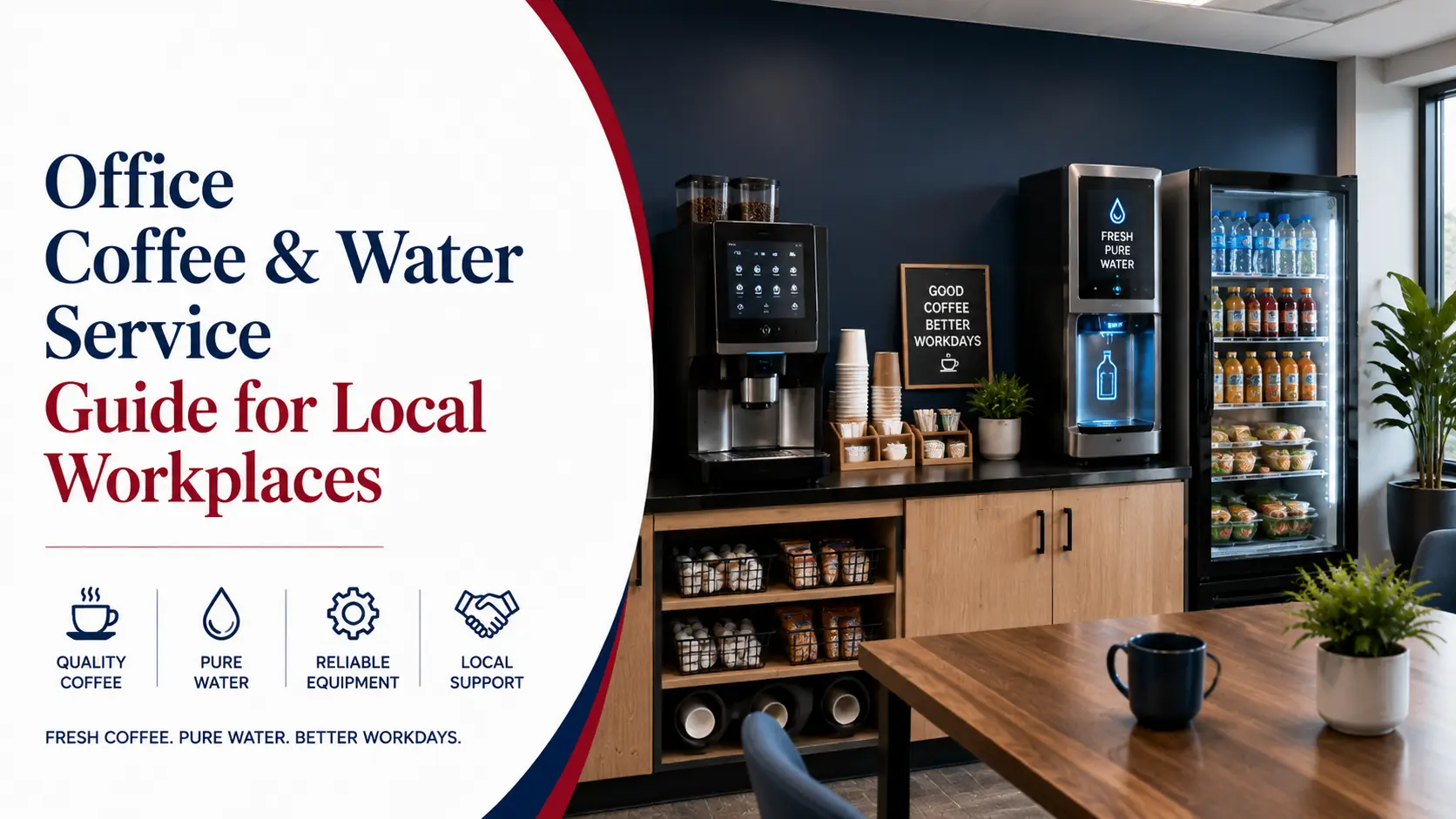 Office coffee and water service station with workplace refreshment equipment.