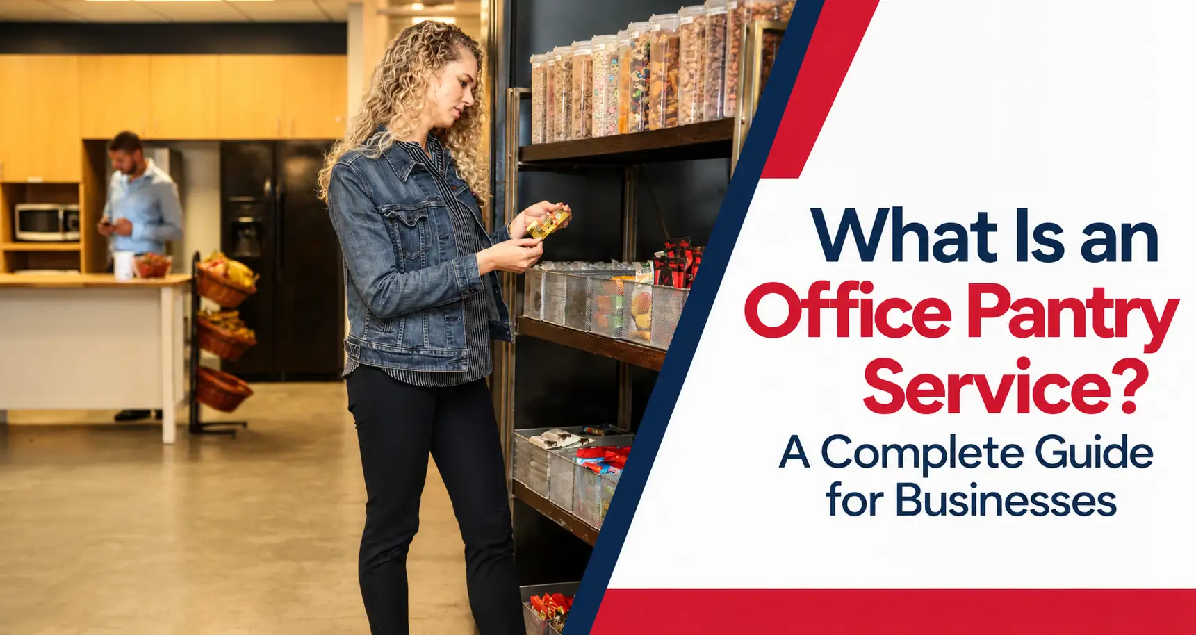 Office pantry service with employees selecting snacks from a workplace pantry.