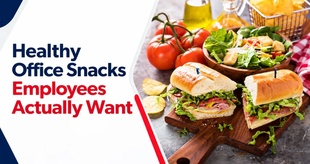 Healthy office snacks featuring fresh sandwiches, salad, and nutritious food options for employees.