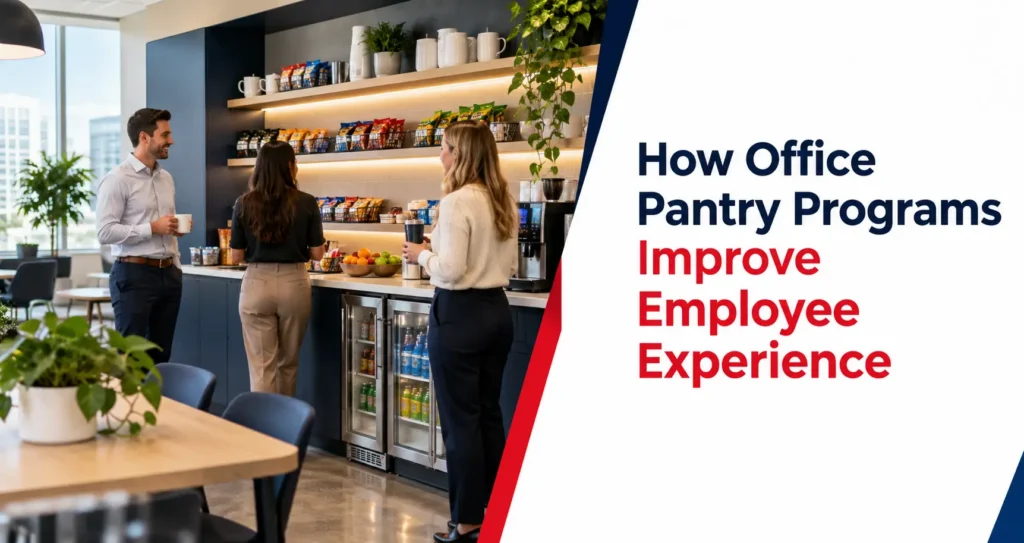 Employees enjoying snacks and coffee in a modern office pantry, supporting a positive workplace experience.