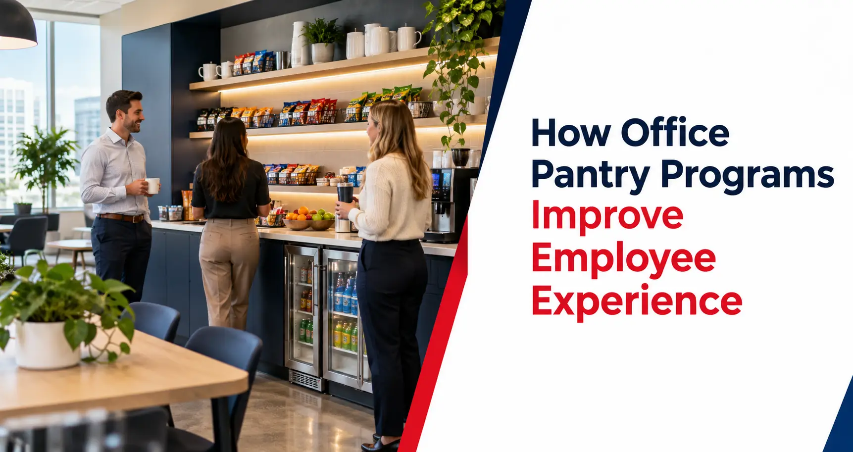 Employees enjoying snacks and coffee in a modern office pantry, supporting a positive workplace experience.