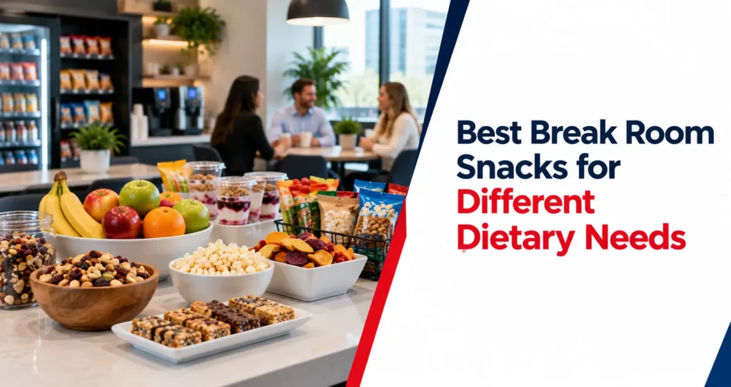Assorted break room snacks for employees with different dietary needs, including fruit, nuts, protein bars, and healthy options.